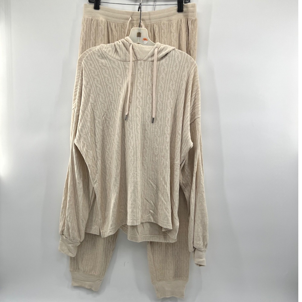 PJ Salvage Loungewear Set Womens L Ecru Cable Knit Hoodie Joggers Pajamas